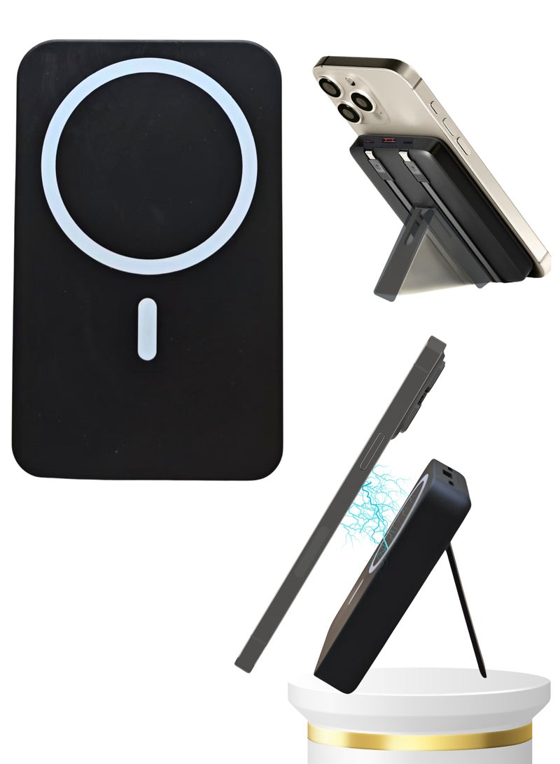 Levino MagSafe Power Bank 10000mAh with Foldable Stand | Dual Type-C & 1 USB Ports | Includes Type-C & Lightning Cables | LED Indicator | Fast Charging for iPhone 15/14/13/12 Series, Samsung Galaxy, Google Pixel & More | Black - Image 1